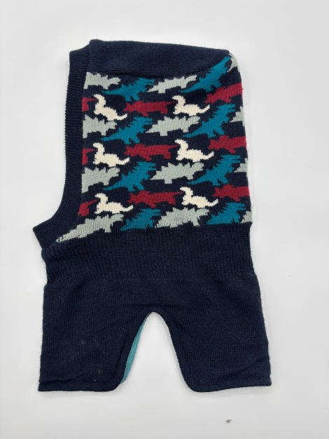 Knitted dog sweater vest in navy blue with teal, burgundy, white abstract bird intarsia pattern, laid flat