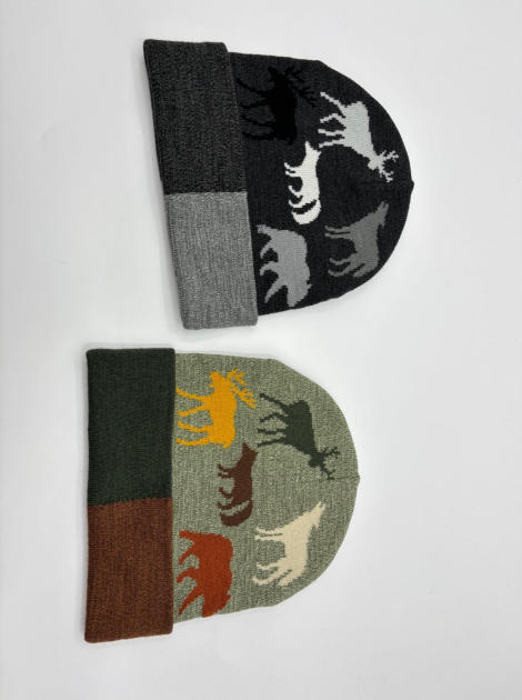 Two knit beanies with jacquard wildlife silhouettes — deer, moose, wolf, bear — in charcoal gray and sage green colorways with color-block cuffs
