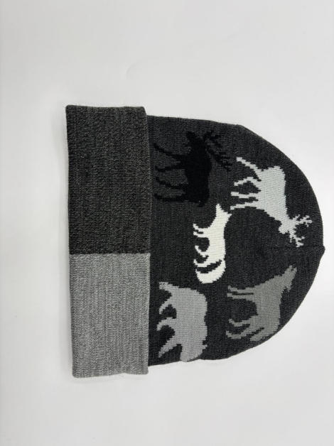 Dark grey knit beanie hat featuring moose, wolf, bear and deer intarsia pattern with two-tone grey folded cuff