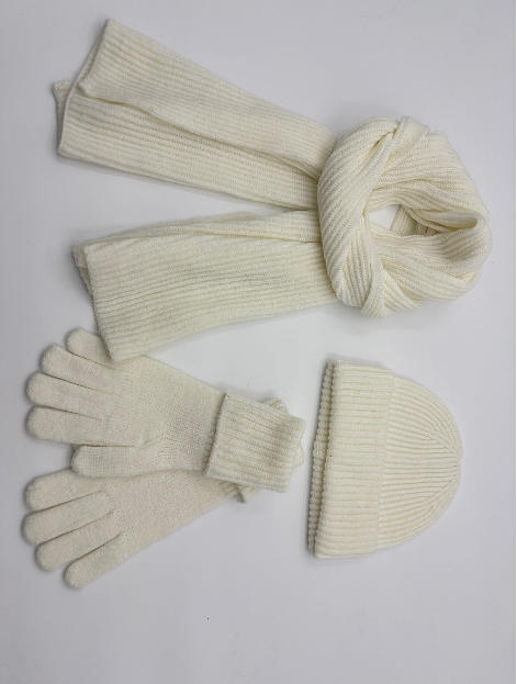 Cream ribbed knit 3-piece winter accessories set including long scarf, cuffed beanie hat and full-finger gloves on white background