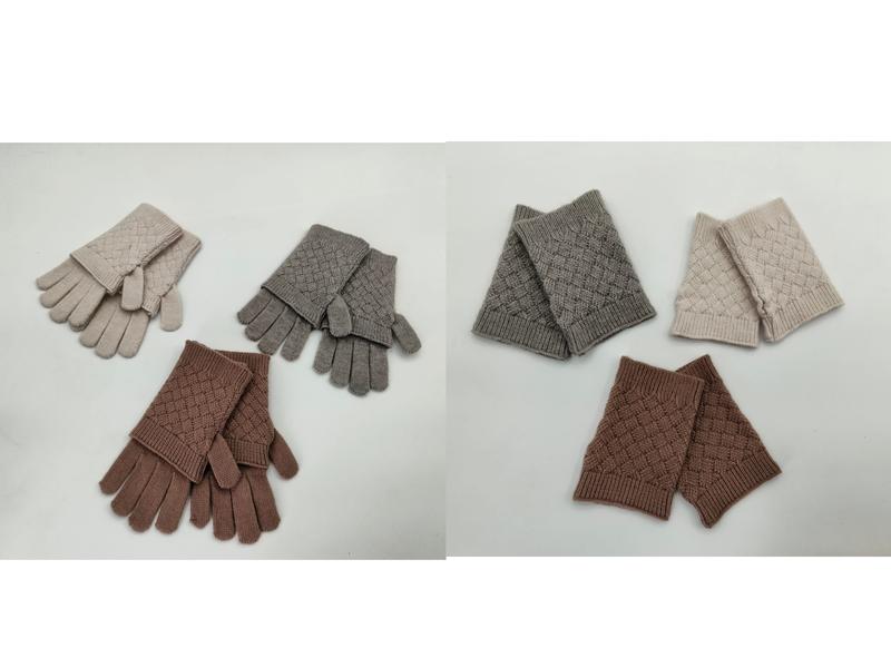 Diamond pattern knit gloves and fingerless wrist warmers in beige, grey, and brown displayed on white surface