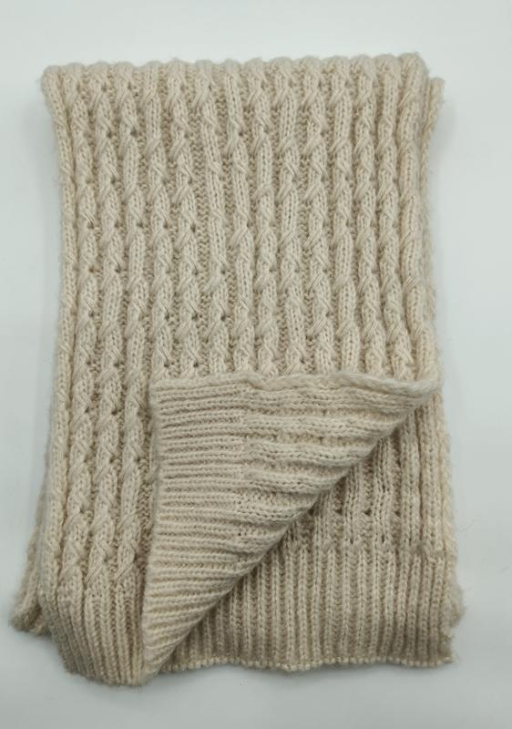 Folded cream cable knit throw blanket with ribbed texture and twisted stitch pattern on white background