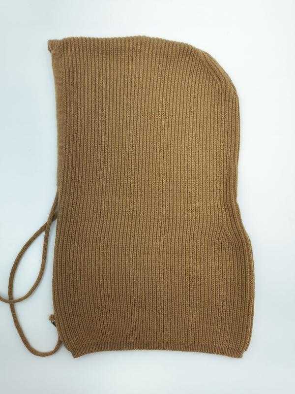 Camel brown ribbed knit balaclava hood with adjustable tie strings, laid flat on white background
