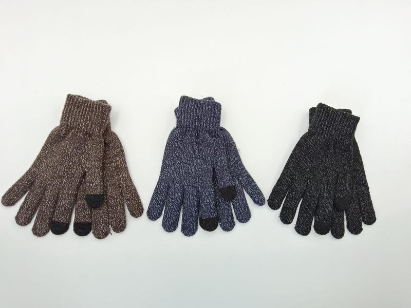 Three pairs of marled knit touchscreen winter gloves in brown, navy blue, and charcoal gray laid flat on white background