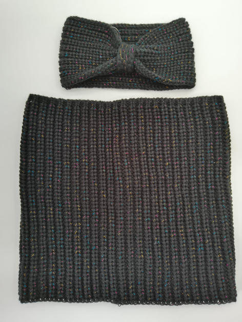 Dark gray chunky knit neck warmer cowl and twisted bow headband set with multicolor metallic speckle detail