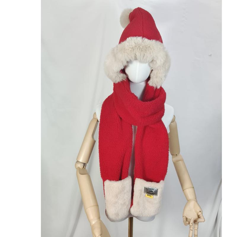 Red fleece children's hooded hat and scarf set with cream faux fur trim and white pom pom on mannequin