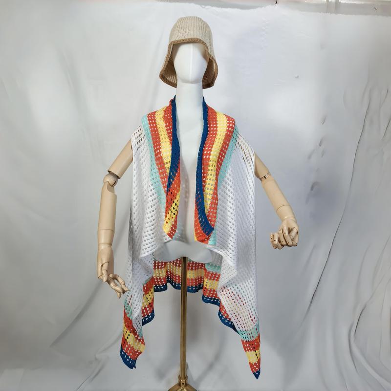 White crochet sleeveless cardigan with rainbow stripes in orange, blue, yellow, teal on mannequin with bucket hat