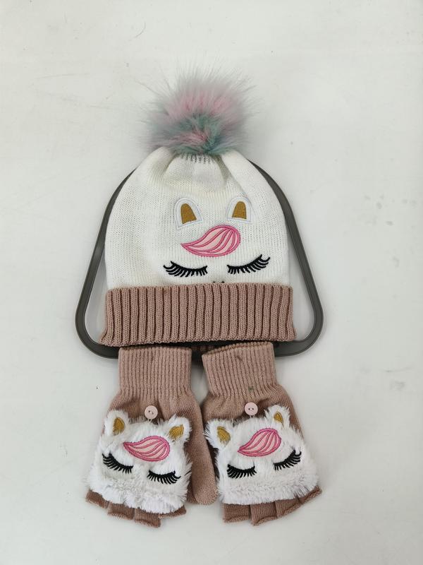 Girls white knit unicorn beanie with pastel pom pom and matching tan convertible fingerless mittens set