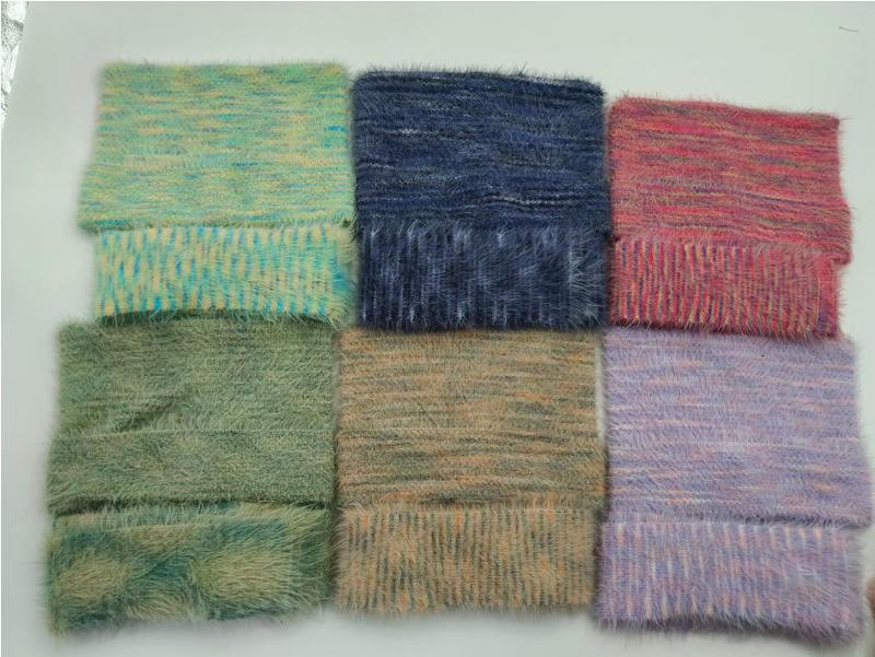 Six fluffy eyelash yarn fabric swatches in teal, navy, pink-red, sage green, tan beige, and lavender arranged in a grid