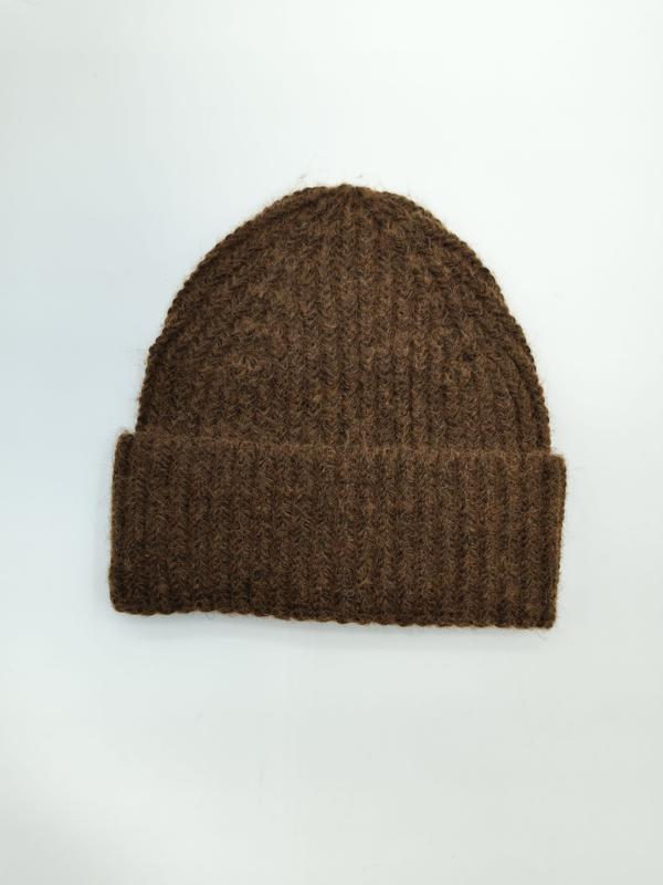 Brown chunky ribbed knit winter beanie hat with folded cuff, displayed flat on white background