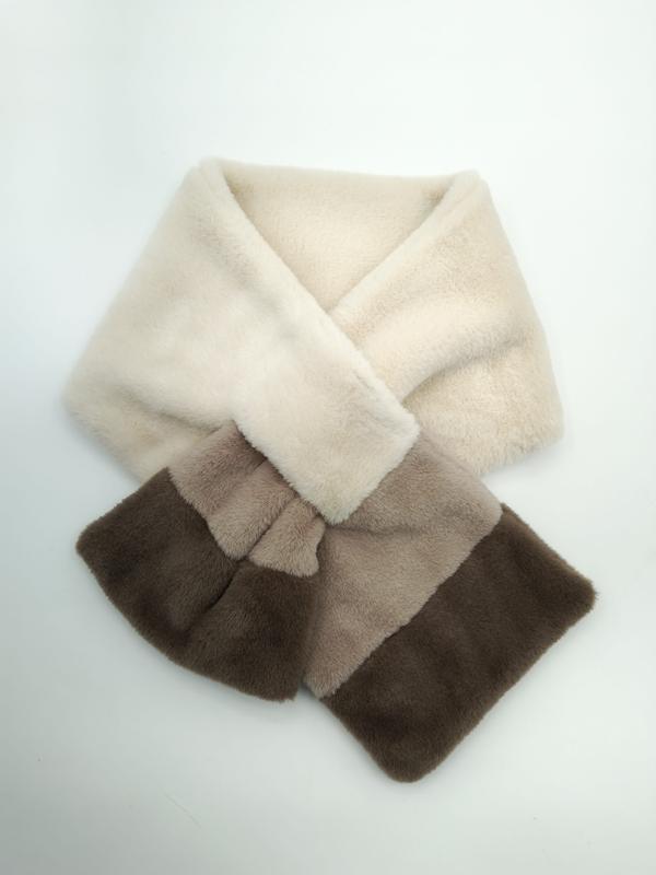 Soft faux fur pull-through scarf in cream, taupe, and dark brown color block ombre design, laid flat on white background
